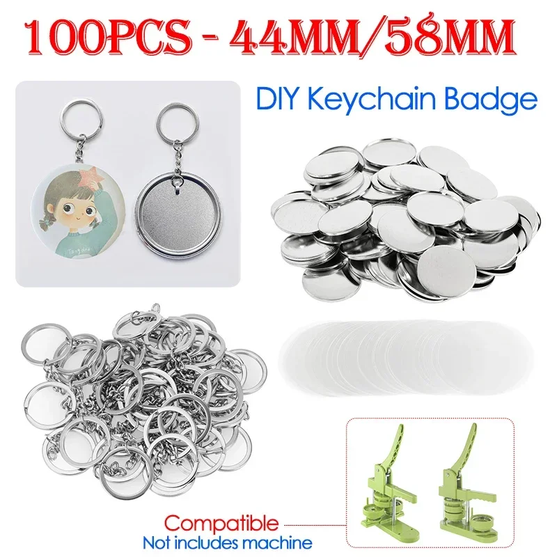 Button Badge Blank - 100PCS 44 มม.58 มม.พวงกุญแจ Badge ทําชิ้นส่วนโลหะ/ฐานพลาสติก